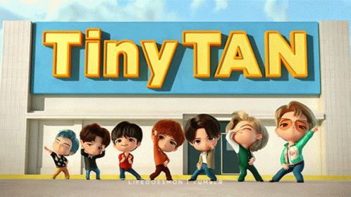 A Group Of Tiny Tan Characters Are Dancing In Front Of A Building GIF