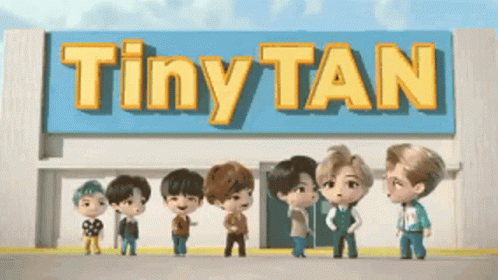 A Group Of Tiny Tan Characters Standing In Front Of A Building GIF