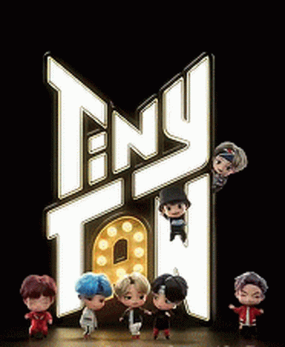 A Group Of Tiny Tan Dolls Are Standing In Front Of A Sign . GIF