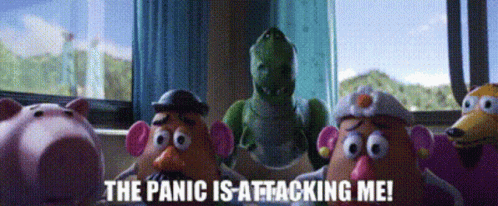 A Group Of Toy Story Characters Are Standing In Front Of A Window With The Words The Panic Is Attacking Me GIF