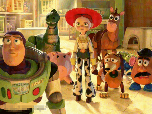 A Group Of Toy Story Characters Including Space Ranger Buzz Lightyear And Mr Potato Head GIF