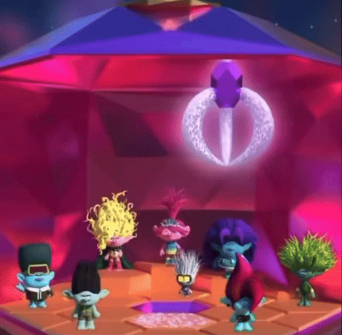 A Group Of Trolls Are Standing In A Room In Front Of A Pyramid . GIF