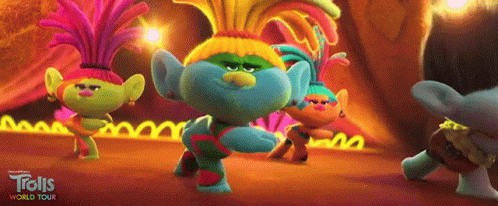 A Group Of Trolls From Trolls World Tour Are Dancing Together GIF