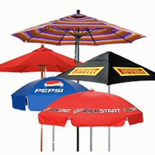 A Group Of Umbrellas With Pepsi And Kickstart Written On Them GIF