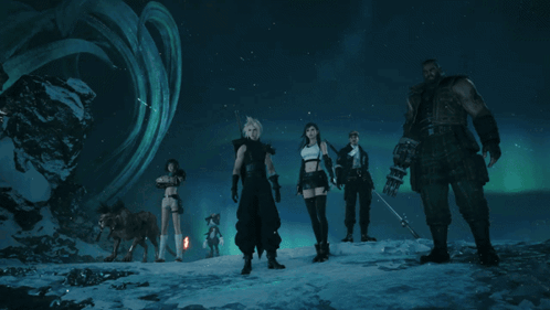 A Group Of Video Game Characters Are Standing In A Snowy Area GIF