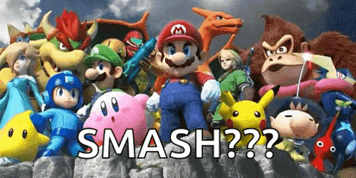 A Group Of Video Game Characters Are Standing Next To Each Other With The Words Smash Written Below Them . GIF
