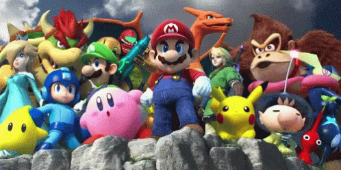 A Group Of Video Game Characters Including Mario Are Standing Together GIF