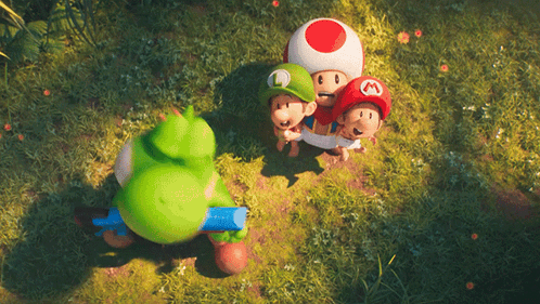 A Group Of Video Game Characters Including Yoshi And Luigi Are Standing In The Grass GIF