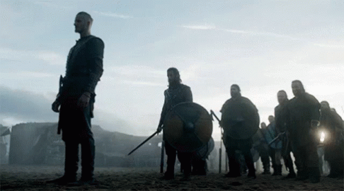 A Group Of Vikings Are Standing On A Beach With Shields And Swords GIF