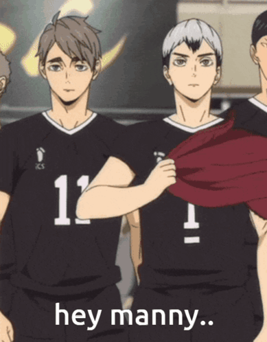 A Group Of Volleyball Players Are Standing Next To Each Other And One Of Them Says Hey Manny GIF