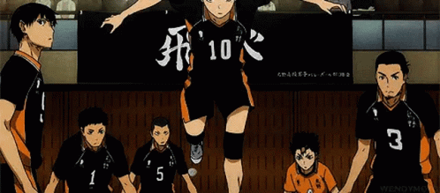 A Group Of Volleyball Players Are Standing Next To Each Other In Front Of A Banner With The Number 10 On It . GIF