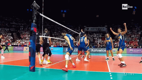 A Group Of Volleyball Players On A Court With A Sign That Says Katowice In The Background GIF
