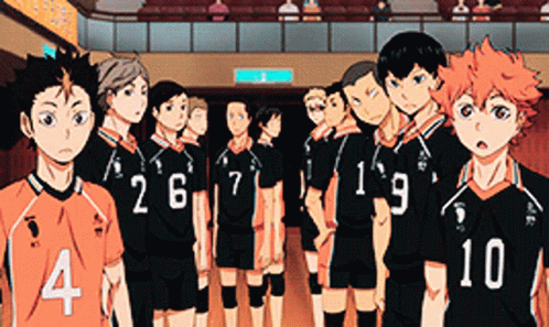 A Group Of Volleyball Players Standing Next To Each Other With Numbers 4 And 10 On Their Shirts GIF