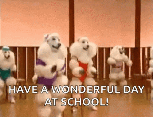 A Group Of White Poodles Are Dancing In A Gym And The Words `` Have A Wonderful Day At School '' Are Written Above Them GIF