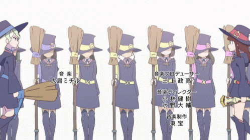 A Group Of Witches Standing Next To Each Other With Their Brooms GIF