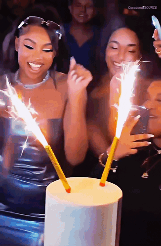 A Group Of Women Are Celebrating A Birthday With Sparklers And The Words Coco Jones Source In The Corner GIF