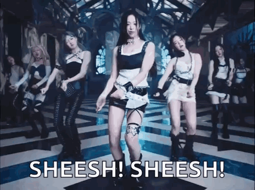 A Group Of Women Are Dancing In A Room With The Words Sheesh ! Sheesh ! On The Bottom . GIF