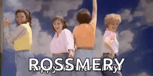 A Group Of Women Are Dancing In Front Of A Cloudy Sky With The Words `` Rosmery '' Written On The Bottom . GIF