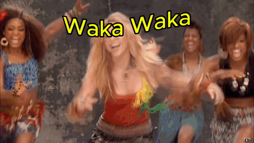 a group of women are dancing in front of a sign that says ' waka waka '