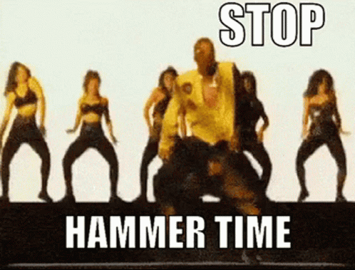A Group Of Women Are Dancing With The Words Stop Hammer Time In The Background GIF