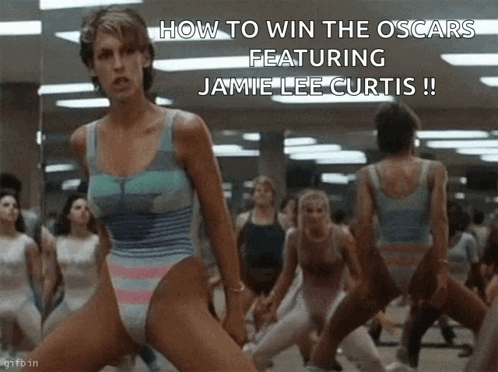 A Group Of Women Are Doing Exercises In Front Of A Mirror With The Caption How To Win The Oscars GIF