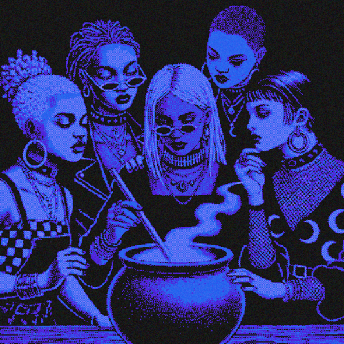 A Group Of Women Are Gathered Around A Cauldron With Smoke Coming Out Of It . GIF
