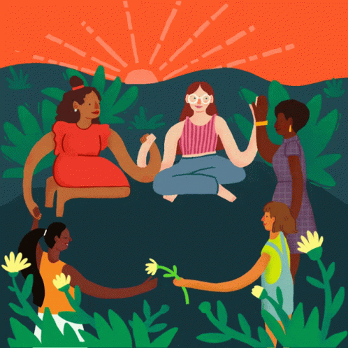 A Group Of Women Are Holding Hands In A Circle With The Sun In The Background GIF