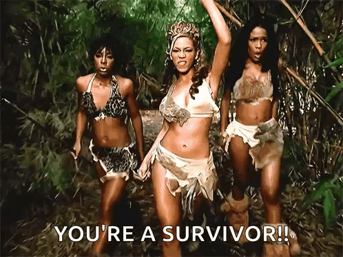 A Group Of Women Are Standing In The Woods And One Of Them Is Saying You 'Re A Survivor . GIF