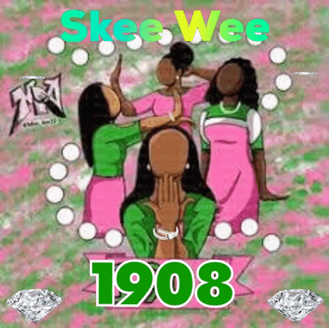 A Group Of Women Are Standing Next To Each Other On A Pink And Green Background With Diamonds . GIF