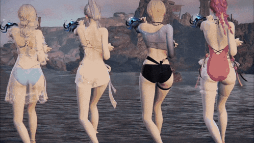 a group of women in bikinis are standing in the water