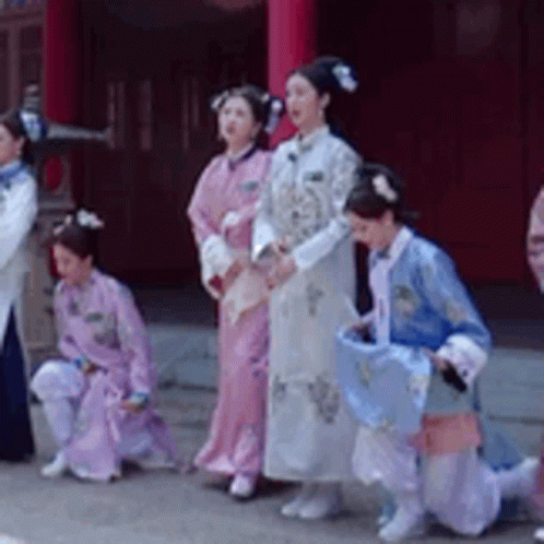 A Group Of Women In Traditional Costume Are Standing In A Line . GIF