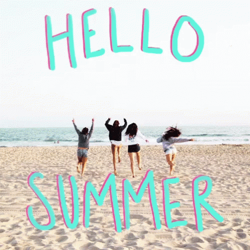 A Group Of Women Jumping In The Air On A Beach With The Words Hello Summer Written Above Them GIF