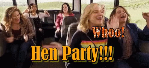 A Group Of Women On A Bus With The Words Hen Party Written On The Bottom GIF
