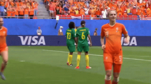 A Group Of Women Playing Soccer On A Field With A Visa Banner Behind Them GIF
