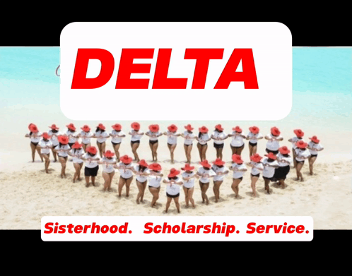A Group Of Women Standing In A Circle On A Beach Under A Delta Logo GIF