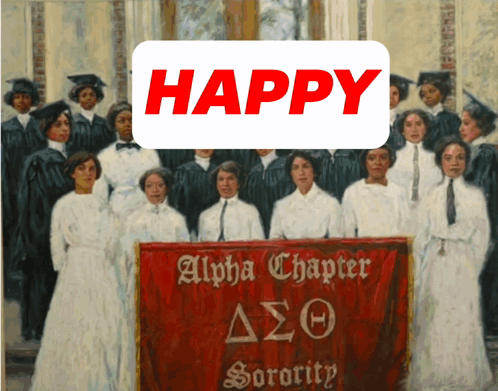 A Group Of Women Standing In Front Of A Red Banner That Says Alpha Chapter GIF