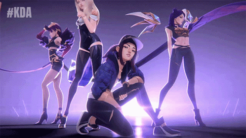 A Group Of Women Standing Next To Each Other With The Hashtag #Kda On The Bottom GIF