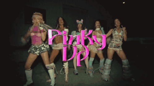 A Group Of Women Standing Next To Each Other With The Words Pinky Up Written In Pink GIF
