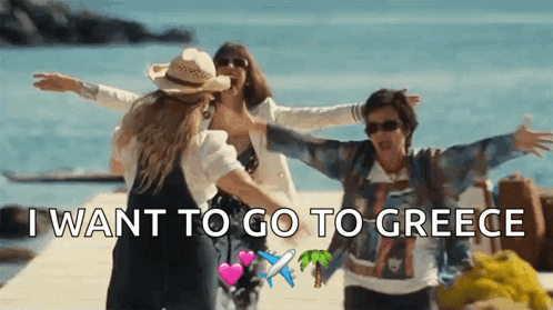 A Group Of Women Standing On A Beach With The Words " I Want To Go To Greece " Written On The Bottom GIF