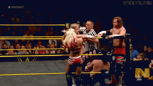 a group of wrestlers are fighting in a wrestling ring with a referee watching .