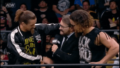 a group of wrestlers are standing next to each other in a ring with a aew logo on the bottom left