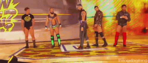 a group of wrestlers are standing on a wrestling ring .