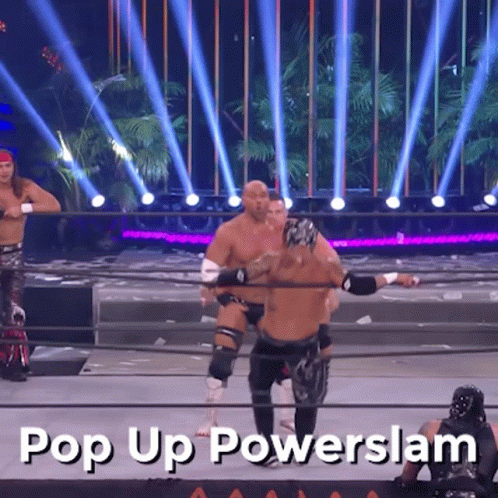 A Group Of Wrestlers In A Ring With The Words Pop Up Powerslam GIF
