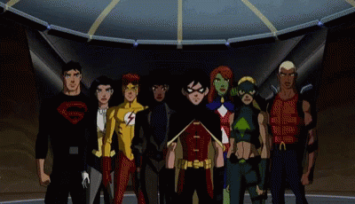A Group Of Young Justice Characters Are Posing For A Picture Together GIF