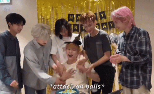 A Group Of Young Men Are Celebrating A Birthday And One Of Them Says Attack On Balls GIF
