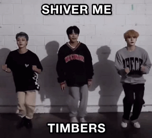 A Group Of Young Men Are Dancing In Front Of A Brick Wall With The Words Shiver Me Timbers Above Them GIF