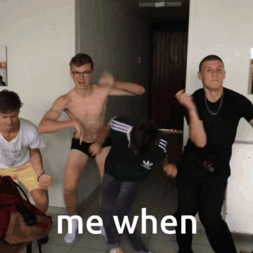 A Group Of Young Men Are Dancing With The Words Me When In The Corner GIF