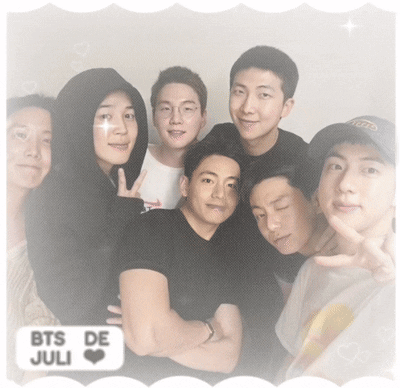 A Group Of Young Men Are Posing For A Picture And The Words Bts De Juli Are On The Bottom GIF