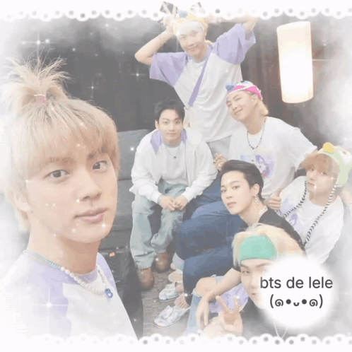 A Group Of Young Men Are Posing For A Picture With The Words Bts De Lele On The Bottom GIF