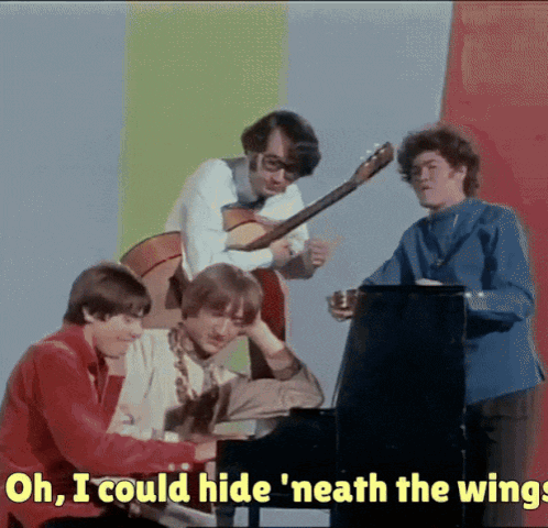 A Group Of Young Men Playing Instruments With The Words Oh I Could Hide Neath The Wings GIF